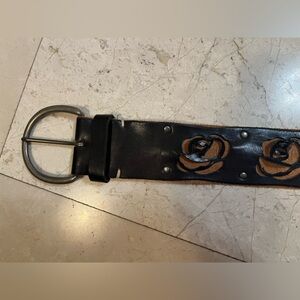 Black Leather Belt with Floral Design
